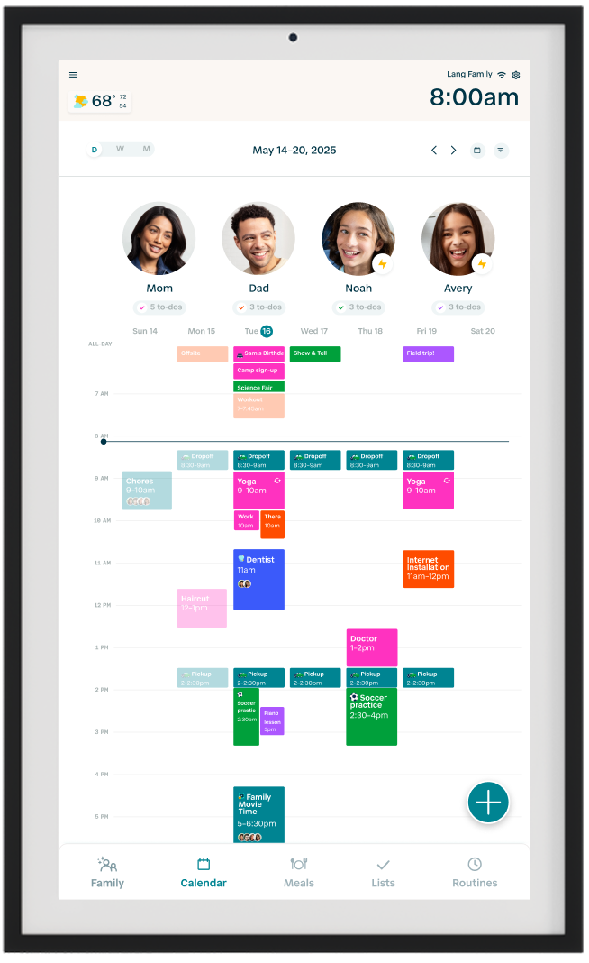 Digital calendar app interface on a tablet screen with colorful event blocks and user profile icons.