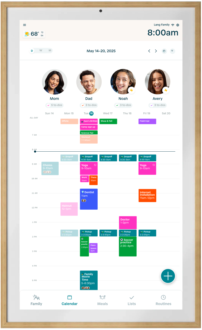 Digital family calendar app on a screen with wooden frame