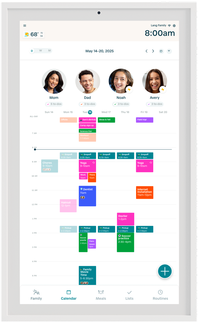 Digital calendar app on a tablet screen with colorful events and contacts.